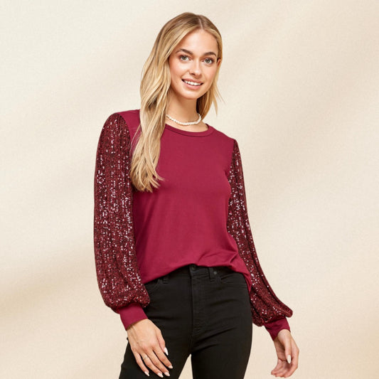 Burgundy Solid Top With Sequin Sleeves