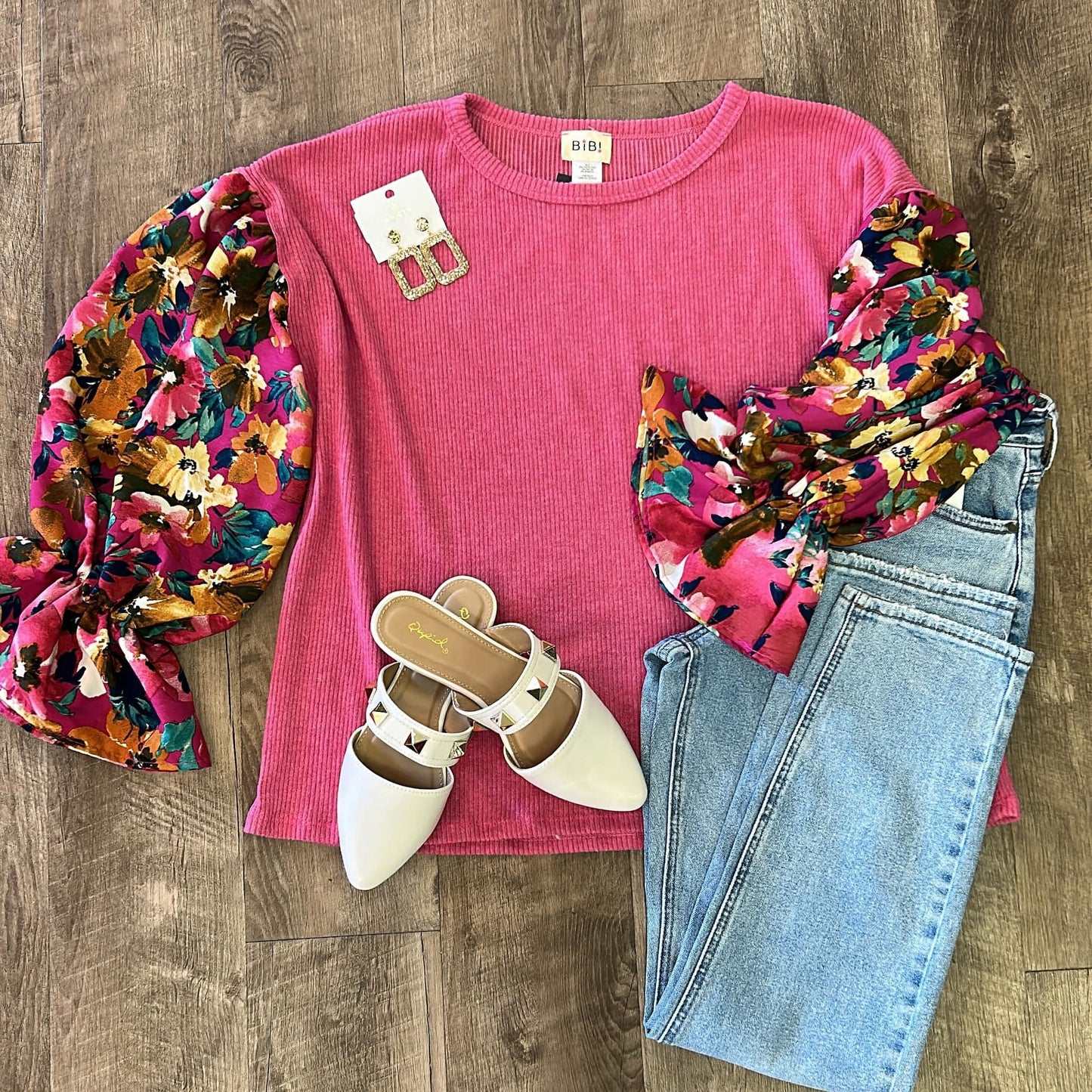 Magenta Floral Ribbed Top