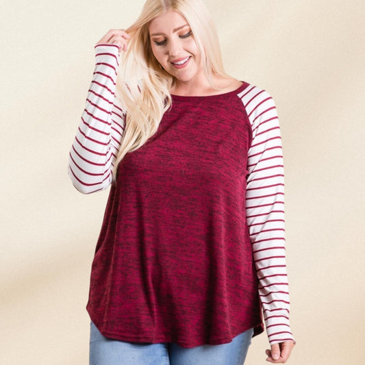 Curvy Wine Solid and Stripe Tunic Top