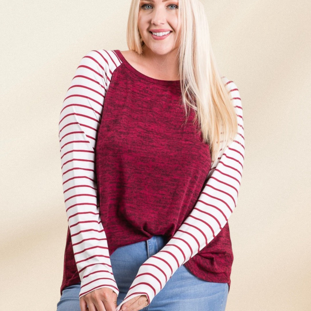 Curvy Wine Solid and Stripe Tunic Top