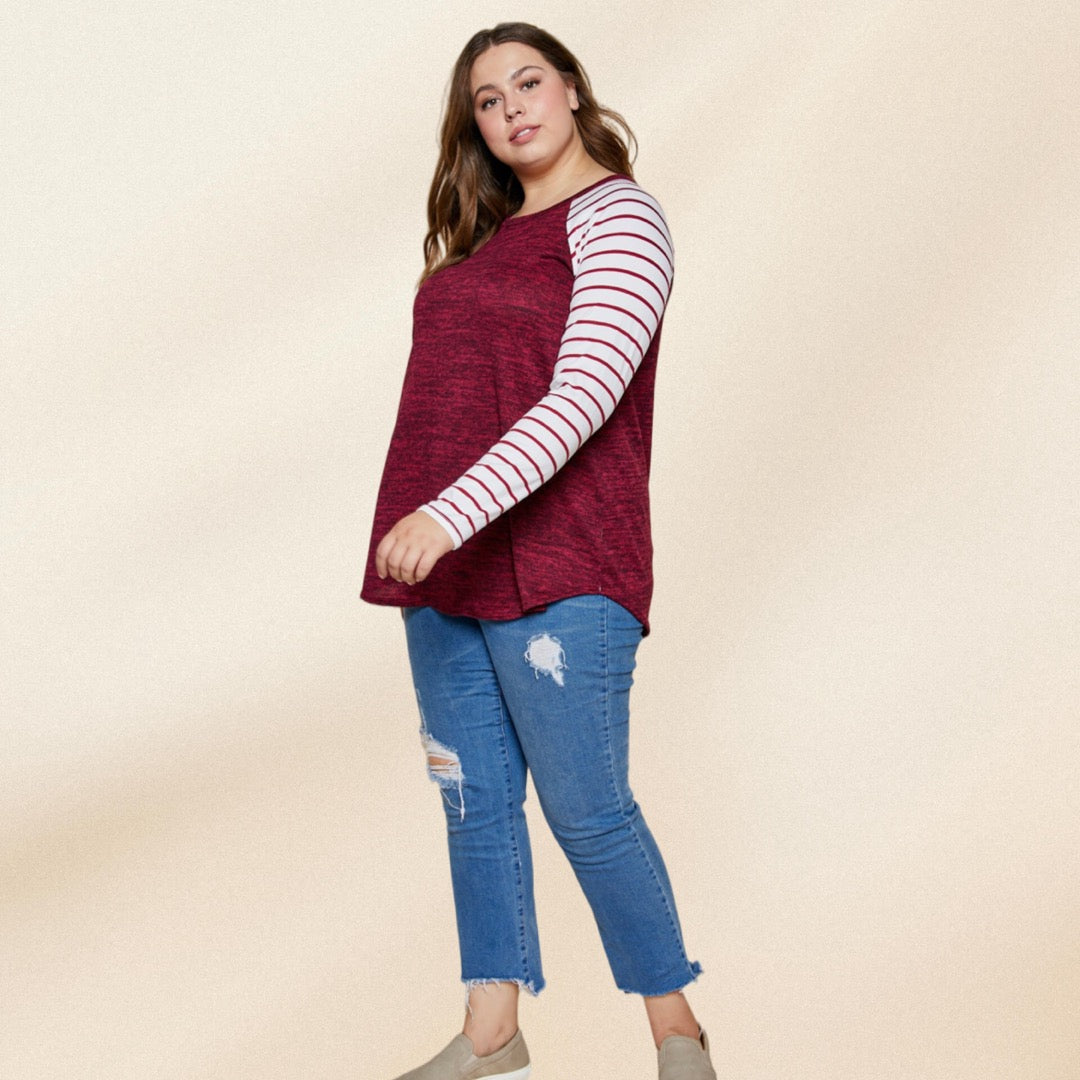 Curvy Wine Solid and Stripe Tunic Top