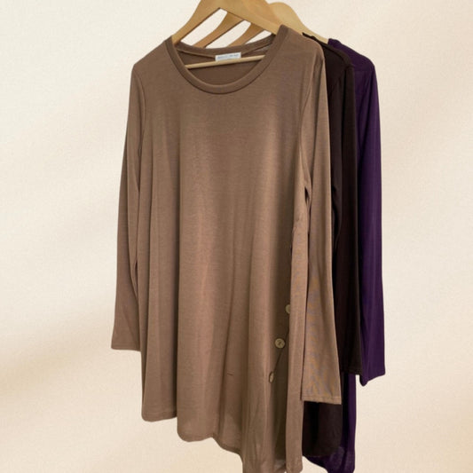 Curvy Taupe Button Long Sleeve Top