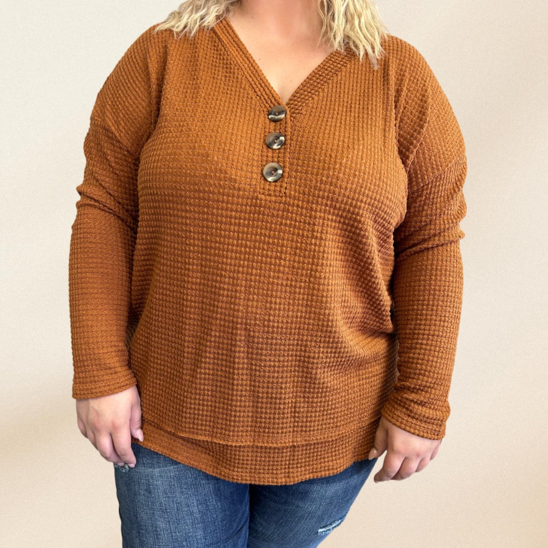 Curvy Camel Solid Waffle Relaxed Button V-Neck