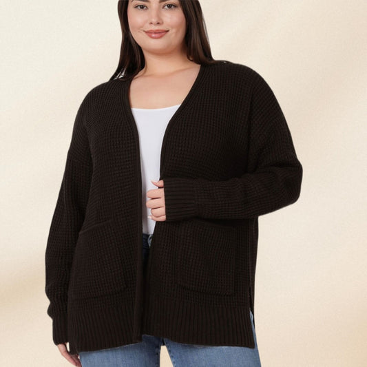 Curvy Black Waffle Cardigan