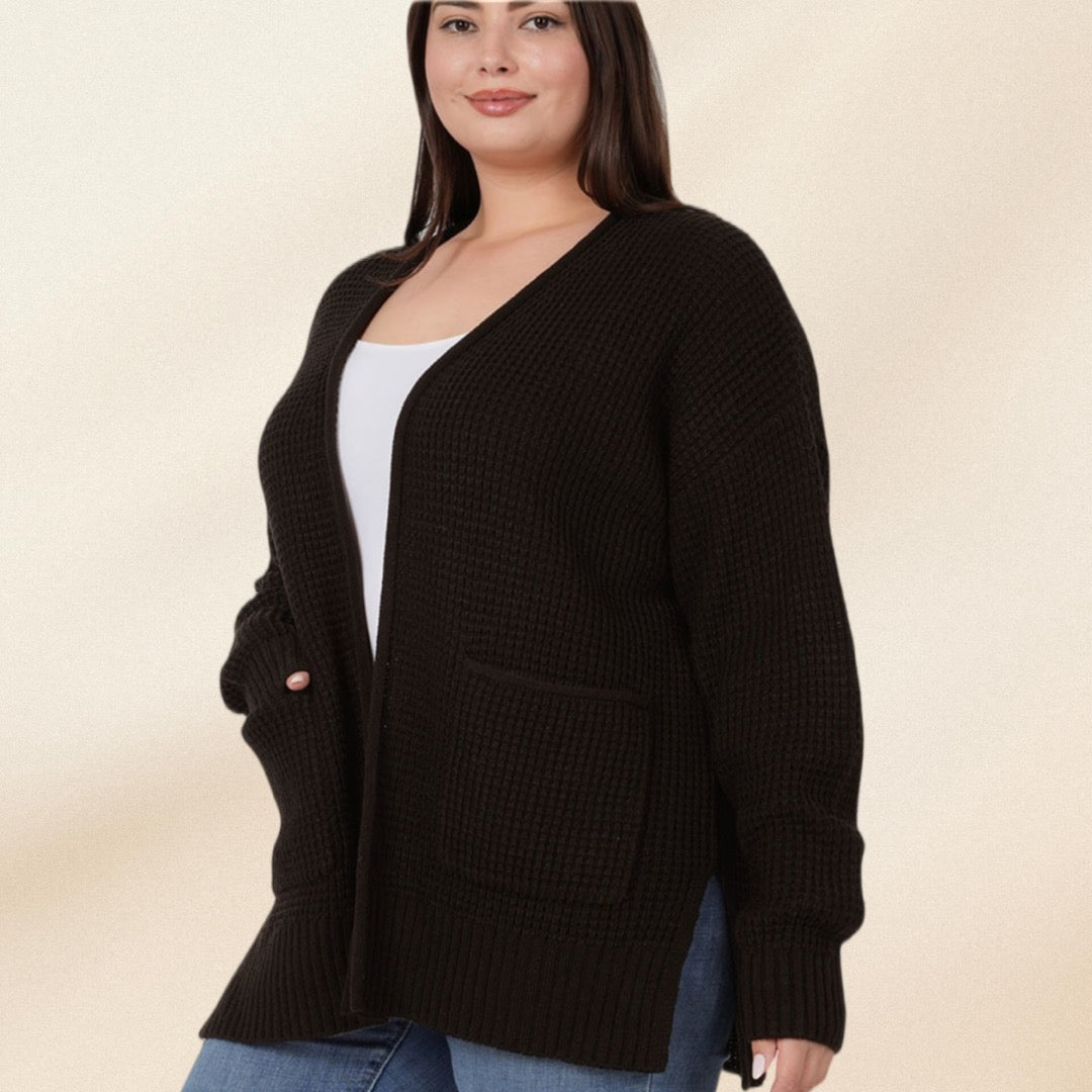 Curvy Black Waffle Cardigan